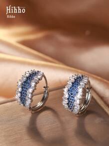 Hihho 1 Pair Shiny Sapphire Blue And White Zirconia Embedded Geometric Hoop Earrings, Fashion Elegant Personal Accessory, Suitable For Women's Daily Wear And Party/Holiday Gift - Earrings - View 17