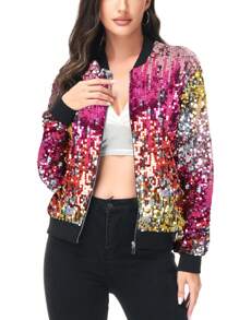 Womens Sequin Long Sleeve Front Zip Jacket With Ribbed Cuffs Bomber For Party - 五彩紙屑 - 查看 4
