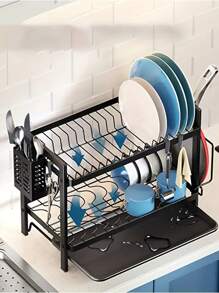 1-Pack Black 2-Tier Iron Dish Rack With Drain Board & Chopsticks Holder - Heavy Duty Kitchen Countertop Organizer, Large Capacity Utensil Drying Rack, Rust-Resistant Dish Drainer For Sink Side - Multicolor - View 5