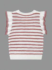 Áo vest len móc kẻ sọc dành cho nữ, kiểu dáng nhẹ, cổ tròn, viền bèo nhún, tay ngắn, thích hợp cho mùa hè. - Nhiều màu - Xem 4