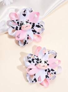 2PCS Girls Cow Flower Hair Clips, Cute Cow Hairpins For Girls, Exquisite Polyester Grosgrain Ribbon Hair Clips For Daily, Hair Accessories