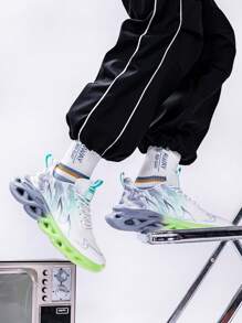 Men's Casual Sports Shoes, Streamlined Gradient Color Outsole With Lightweight Shock Absorption, Breathable White Mesh Sports Shoes, Available In Pink, Green And Blue Colorways, Suitable For Outdoor Activities
