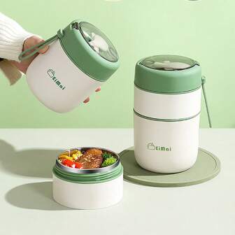1 Pc Stainless Steel Vacuum Thermal Portable Lunch Box Double Layer 500ml & 680ml Insulated Lunch Food Warmer Soup Cup Insulated Containers Bento Lunch Box With Foldable Spoon (Lid Randomly Shiped)