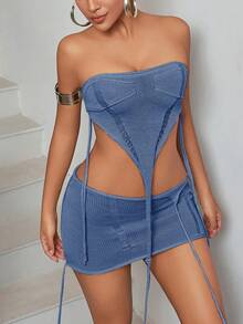 Rave Sexy 2Pcs Bandana Hem Tape Detail Knitted Tube Top & Drop Waist Bodycon Knit Skirt Festival Sweater Set - Blue - View 5