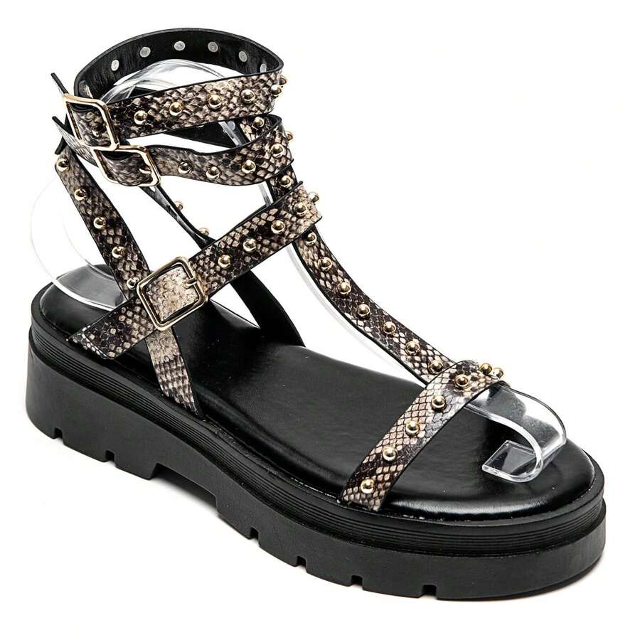 Studded Gladiator Style Thick Sole Adjustable Strap Sandals - Snake - View 1