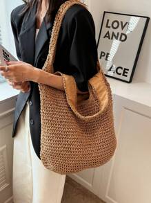 Women Large Capacity Shoulder Bags Handmade Straw Woven Bohemian Shopper Totes Bag