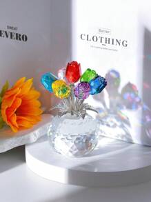 Colorful Rose Flower Crystal Figurine With Vase, Romantic Gifts For Mom On Anniversary Mother's Day Birthday, Handmade Crystal Flower Collectible, Home Table Decor ​For Mother's Day Wedding Anniversary, Home Decorations Mother's Day