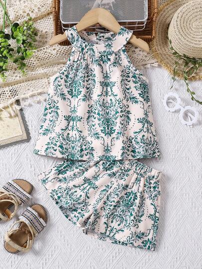 2 pièces/Set Mode d'été fille jeune Top ample vintage respirable imprimé floral numérique et short assortis, style bohème