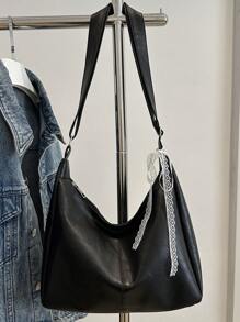 高品质时尚简约包包，女士包，休闲单肩包，大容量腋下包，复古多功能斜挎包 - 纯色，黑色，斜挎包，适合多种场合，拉链封口，涤纶内衬，无包边 - 黑色 - 查看 9