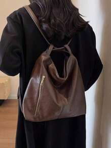 优雅纯色 PU 皮革女士单肩包，大容量女士手提包，可单肩或双肩背包