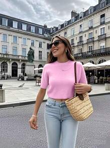 Women Casual Solid Color Short Sleeve Knit Top