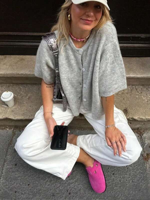 Nuevo para 2025 Primavera/Verano Moda sencilla para mujer Cárdigan de punto liso