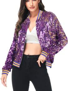 Chaqueta de manga larga con cremallera frontal y puños acanalados, con lentejuelas, para mujer, ideal para fiestas - Púrpura y dorado - Ver 1