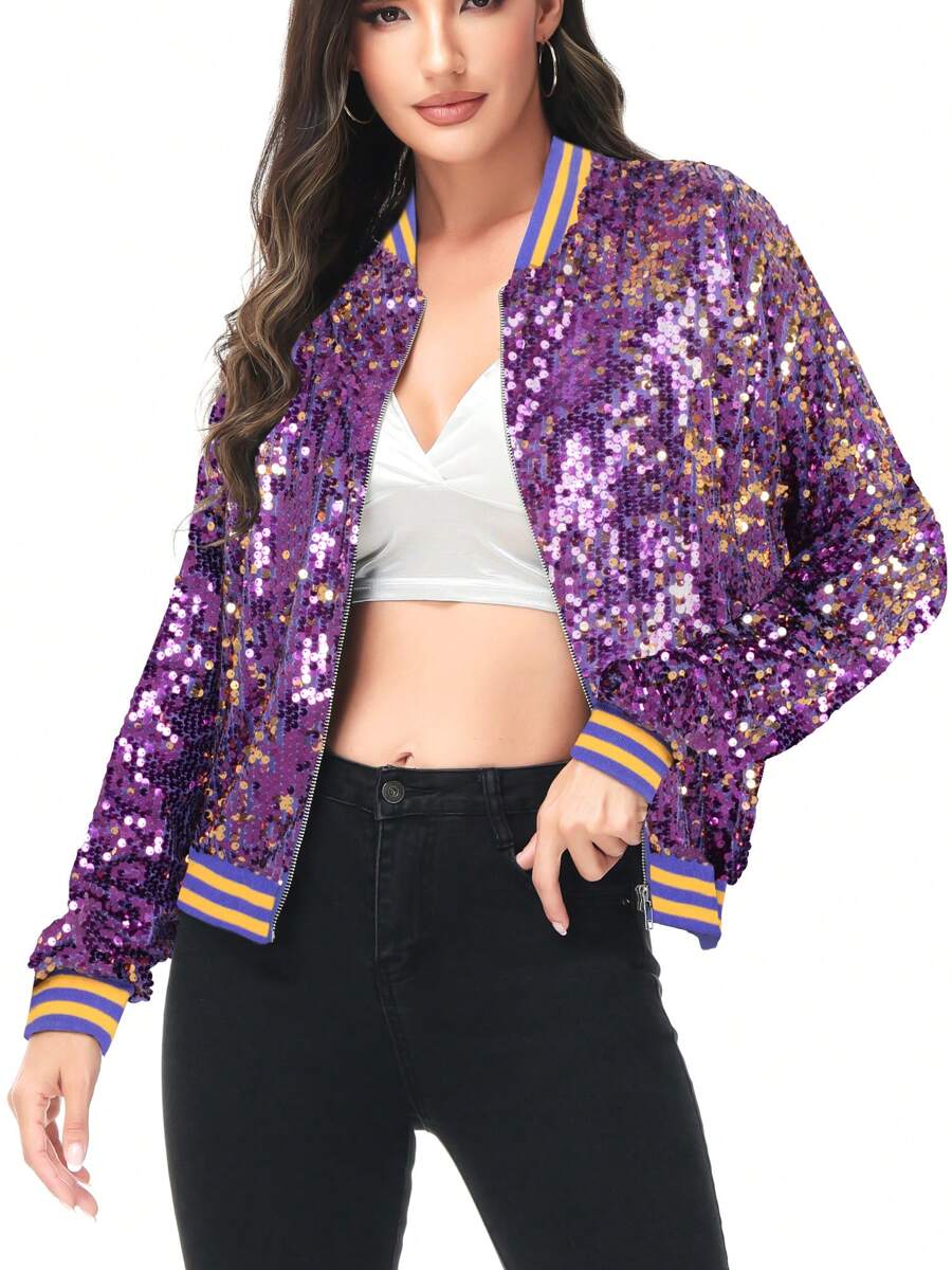 Chaqueta de manga larga con cremallera frontal y puños acanalados, con lentejuelas, para mujer, ideal para fiestas - Púrpura y dorado - Ver 1