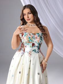 Plus Size Floral Print Bridesmaid Dress, Featuring Spaghetti Strap Design, Perfect For Party Wear Wedding Vacation Spring - Apricot - View 4