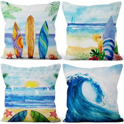 4 件海洋抱枕套夏季海岸海浪帆船冲浪板海星绿树户外度假村海滩亚麻枕套适用于家庭沙发椅沙发装饰