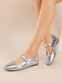 Women's Flats Square Toe Mary Jane Flats Comfortable Casual Slip On Dress Shoes Ballet Flats With Buckle Strap Business Casual Work Office Mary Jane Shoes - Silver - View 4