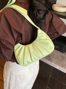 1pc Fashionable Green PU Pleated Cloud Shoulder Bag With Bow Decor, Simple & Elegant For Women