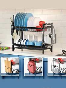 1-Pack Black 2-Tier Iron Dish Rack With Drain Board & Chopsticks Holder - Heavy Duty Kitchen Countertop Organizer, Large Capacity Utensil Drying Rack, Rust-Resistant Dish Drainer For Sink Side - Multicolor - View 3