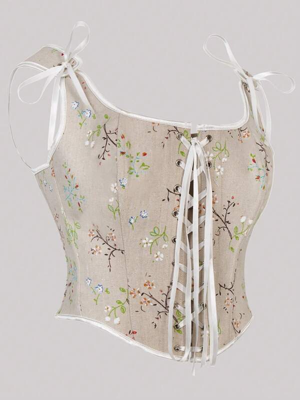 Koronkowy top z nadrukiem kwiatowym, kwadratowy dekolt, zabudowany biust, usztywniony gorset, góra, urodziny, przyjęcie, święta, damskie topy, moda, codzienny top Cami