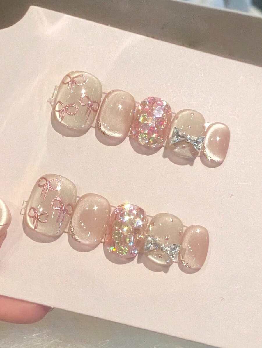 10 szt. ręcznie robionych dziewczęcych kokardek z kryształkami, satynowe błyszczące naklejki na paznokcie z koralikami szklanymi w kształcie kociego oka, urocze i luksusowe, do codziennego noszenia, do naklejania na paznokcie, artykuły do paznokci, paznokcie