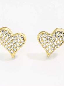 1 Pair Fashionable High-End Cubic Zirconia 18K Gold-Plated Heart Earrings, Delicate Minimalist Jewelry Accessories