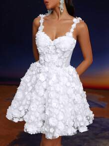 Anymoon Elegant Solid Color Applique Spaghetti Strap Cocktail Party Dress, Prom Dress, For Valentine's Day - White - View 7