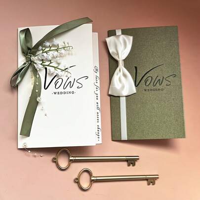 2pcs Wedding Vow Cards + 2pcs Key Style Pen With Case, Simple Wedding Vows Cards, Love Theme Paper Announcements For Bride And Groom Wedding Vows Oaths Statement Hand Cards Parents Speech Book Summer Birthday Gifts Beach Back To School School Supplies Room Decor