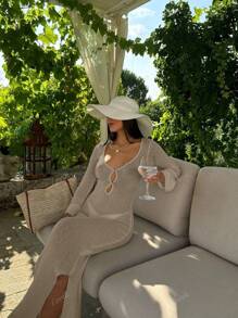 Women Solid Color V-Neck Backless Ruched Waist Bodycon Button Front Simple Daily Cover Up Long Dress Without Bikini, Summer Beach Vacation Women Sexy Crochet Sheer Maxi Boho Elegant Flowy Tie Sleeve Coverup Fall Hollow Out Dresses Relaxed Meshs, Spring Summer Fall