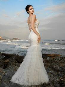 Vestido de novia de sirena con aplicaciones de encaje, escote pronunciado en V y patchwork, vestido de cóctel elegante para la novia