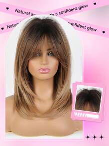 16 Zoll natürlicher Farbverlauf Schwarz Braun mittellanges lockiges Perücke aus hitzebeständiger Synthetikhaar Perücke mit Pony in Acht-Form für Frauen, für den täglichen Gebrauch, Partys, Muttertag, Musikfestivals