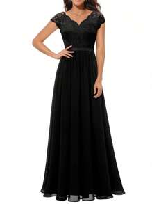 Women's Long Evening Dress, Solid Color Lace Patchwork Backless V Neck Elegant Dress, Simple One-Piece Clothes