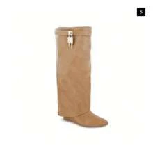Padlock Detail Fold Over Wedge Knee High Boots - Beige - View 2