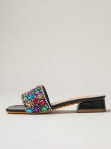 Women's Fashionable Sexy New Sandals, Luxury Colorful Glass Rhinestone Strap Charming Open Toe Summer Festival Casual Outdoor Versatile Low Heel Slides - Black - View 7