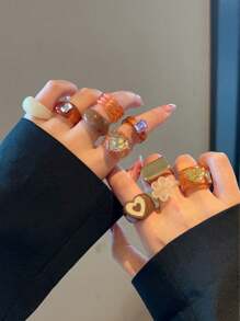 10pcs/Set Assorted Flower & Heart Shaped Resin Retro Rings, Unique Fashion Jewelry Rings For Women & Girls, Daily Wear