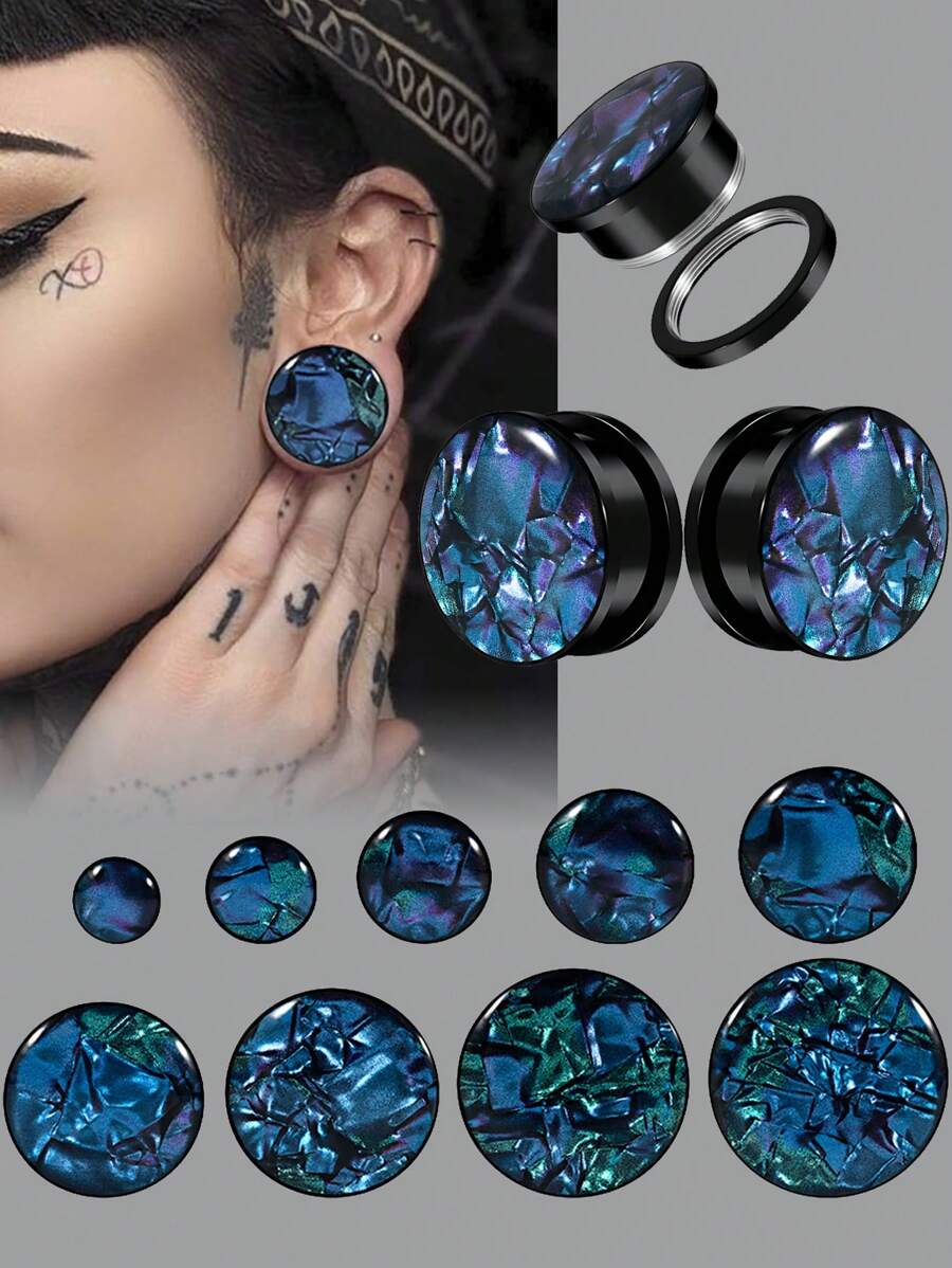 1 对镀黑不锈钢彩虹蓝紫色 Miexd 贝壳平面耳扩张器量规加强滑轮耳塞隧道身体穿孔首饰 6-25 毫米