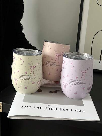 1 件 12 盎司手绘粉色星形蝴蝶结陶瓷保温杯，双层保温杯，旅行杯，非常适合办公室、户外、旅行、学校、家庭、派对，是节日、生日、女性、返校季节的绝佳礼物