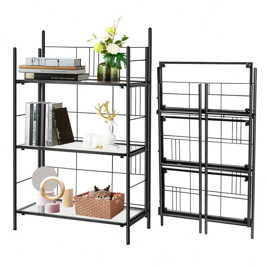 Foldable Bookshelf, 3 Tier Stylish Gold Folding Book Shelf, Foldable Bookcase With Glass Shelf, Small Collapsible Display Case Storage Organizer For Bedroom, Living Room - Black - View 1