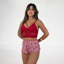 Pijama Baby Doll Suede com Renda Frivest Eva Shorts Dool Feminino Detalhe de Renda Luxo Regata Alcinha Verão