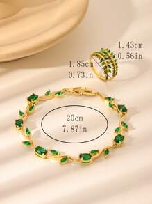 2pcs 18k Inlaid Green Zirconia Tennis Eye Branch Bracelet & Open Ring Set, Fashion Accessories For Women, Suitable For Daily Wear And Dating