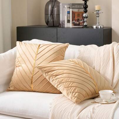 1入卡其色天鵝絨靠墊套，鍍金皮革和亮片對角線條靠墊套，方形靠墊套，假日家居靠墊裝飾，柔軟舒適材料，現代沙發裝飾，適用於家庭臥室或宿舍使用