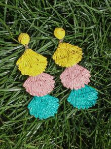 OOQ 1 Pair Handmade Bohemian Style Rattan & Shell Tassel Long Earrings, Geometric Design, Summer Beach/ Holiday/ Wedding/ Mother's Day/ Music Festival Accessories, Suitable For Women's Daily, Travel, Party
