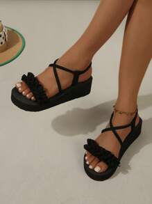 Women's Platform Sandals, Thick Sole Wedge Slippers, Pleated Strap Criss-Cross Casual Fashion Slip-On With Heel For Young Lady, Summer Beach Sandals, Black