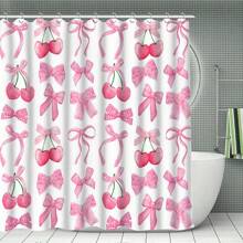 1/4 piezas Juego de cortina de ducha con estampado de lazo rosa y cereza, regalo del Día de la Madre, decoración del hogar, decoración de primavera/otoño, decoración festiva, impermeable y lavable, incluye 12 ganchos, accesorios esenciales para el baño, divisor de bañera, fácil limpieza para una experiencia de baño refrescante, accesorios de baño, de vuelta a la escuela