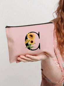 Flower Canvas Toiletry Bag, Cosmetic Bag, Makeup Bags, Wallet Name Initials A-Z Letter Pattern Toiletry Organizer Pouch Wash Bag, Lightweight, Foldable Cosmetic Pouch With Zipper | Easy-Clean, Versatile Makeup Case For Travel & Holiday Gifts Makeup Organizer Makeup Storage Bag Mini Pouch Travel Small Makeup Case Accessories Make Up Holder Brush Bag Make Up Container Cosmetic Bag Travel Essentials Ladies Accessoires Travelling Stuff