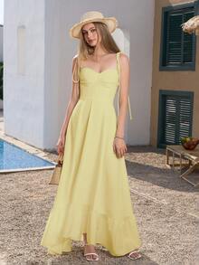 PARTHEA Vestido largo elegante con escote trasero, fruncido y drapeado en el Body - Amarillo - Ver 6