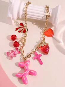 1 pieza Collar colgante con diseños de fresa roja y rosa, cereza, lazo, oso, paleta y perro - Regalo de joyería divertida para mujeres apta para verano, citas y fiestas