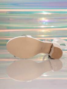 New Spring/Summer Women's High Heel Sandals, White Thick Heels With Bow, Pearl And Rhinestone Decor, Numeric Print, Fashionable And Elegant Design, Suitable For Wedding, Party, Office And Other Occasions