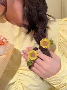 2pcs Cute Sunflower Hair Clips And Hair Ties, Sweet Style Hair Accessories Set, Suitable For Outdoor Activities
