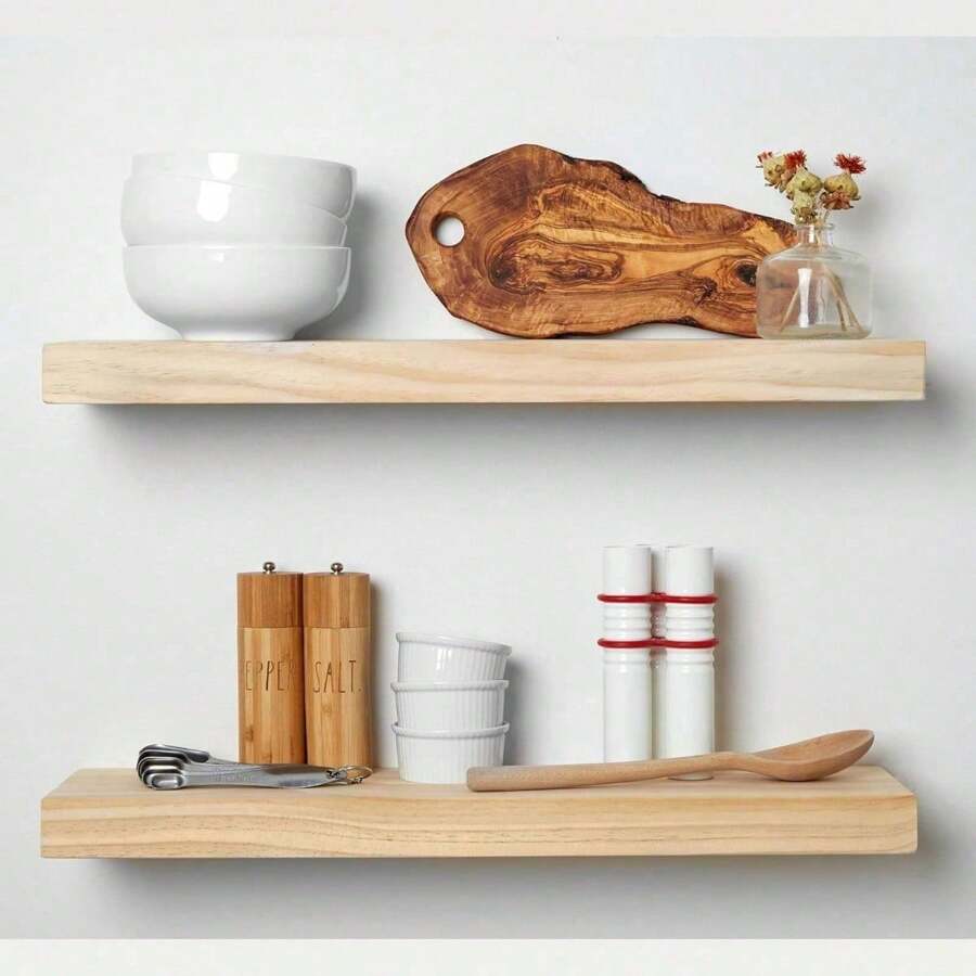 Rustic Farmhouse Wall Mounted Floating Shelves, Bathroom Decor Wooden Shelves For Thick Industrial Style Kitchen Wood Shelf - 24 X 6.5 X 1.75 Inch - Pack Of 2 - Unfinished Natural Look - Ready For DIY Projects